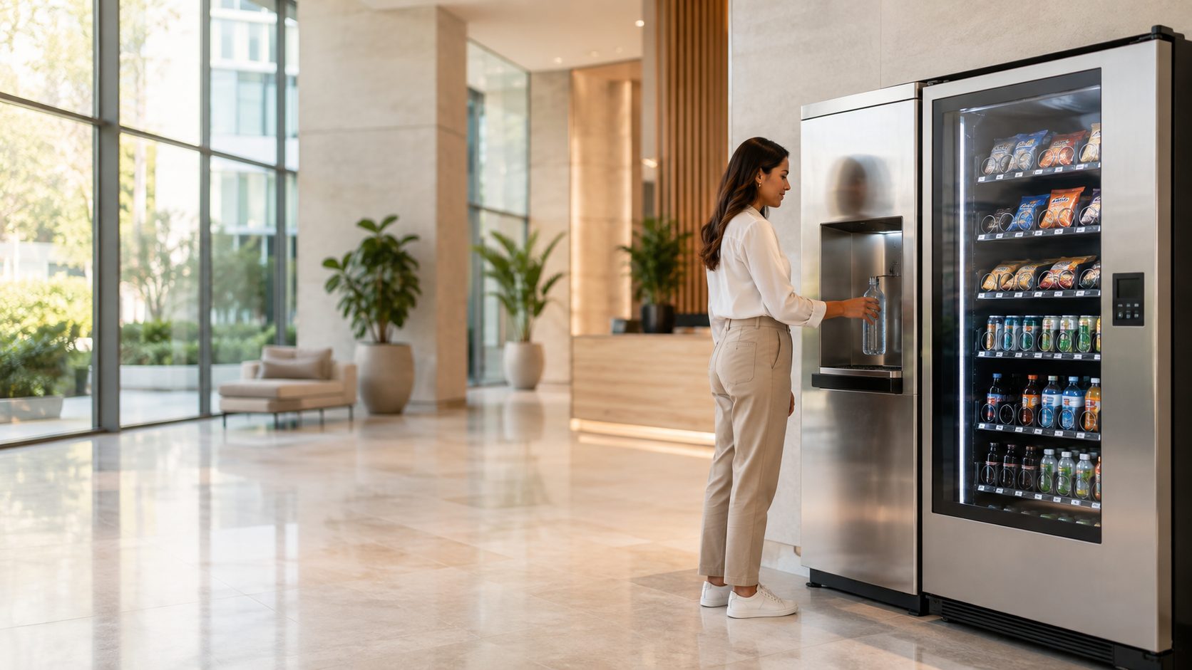 Estación de agua purificada y máquina de snacks Küpa en el hall de un edificio