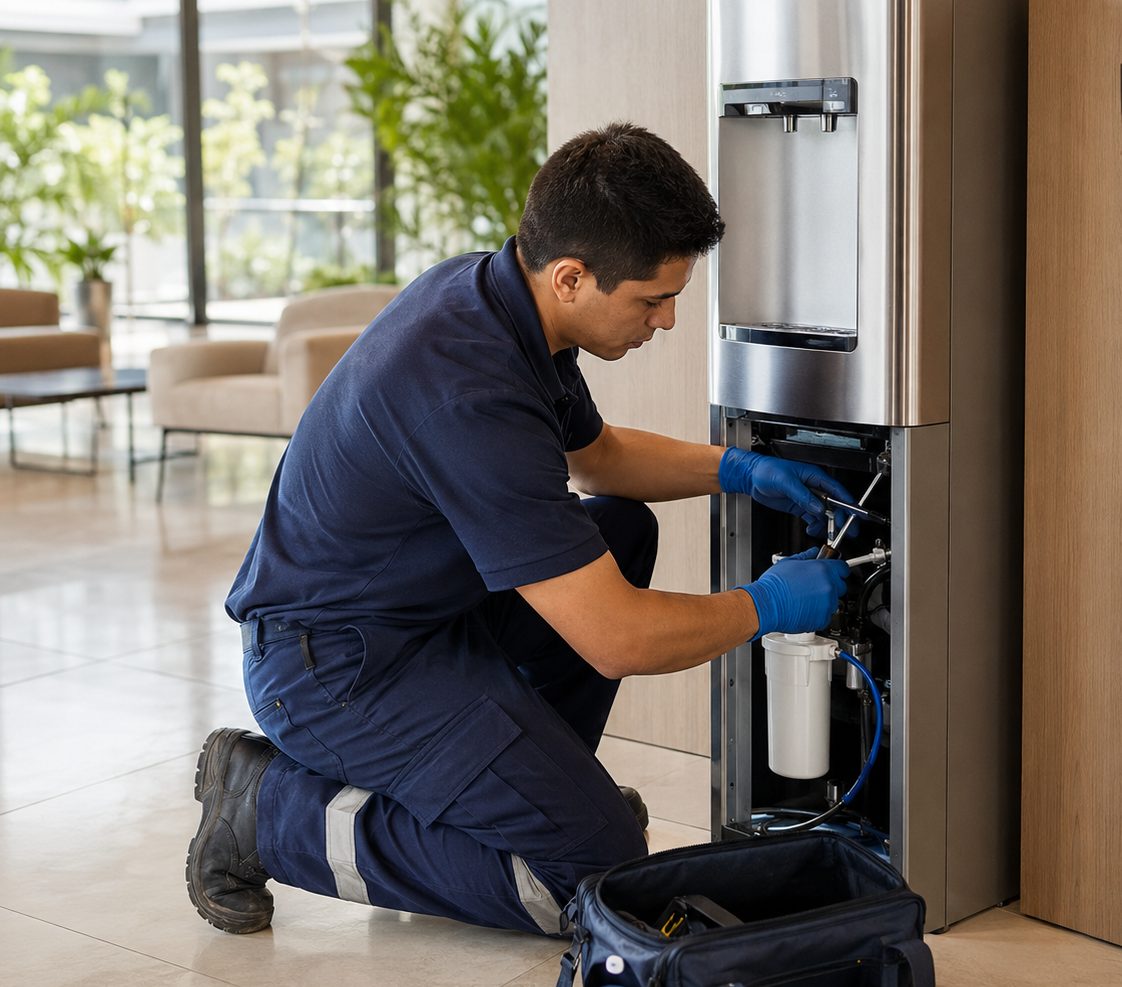 Técnico de Küpa Vending instalando una estación en un edificio